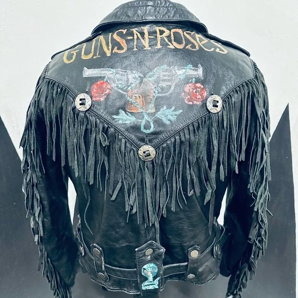 Guns ‘n Roses, One of a Kind, Hand Painted Vintage Black Leather Fringe Jacket